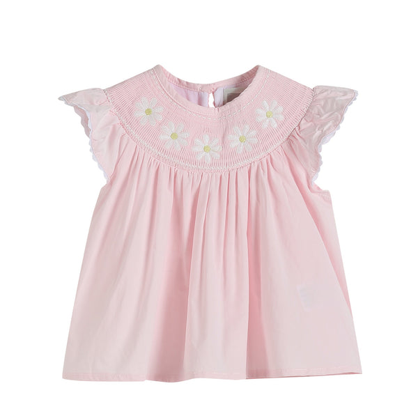 Light pink daisy smocked top and bloomer set for babies, displayed at angle 3. Perfect for stylish little ones.