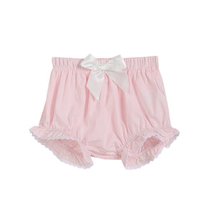 Light pink daisy smocked top and bloomer 2-piece set for babies, displayed at angle 4.