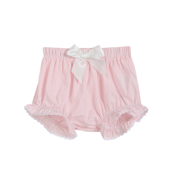 Light pink daisy smocked top and bloomer 2-piece set for babies, displayed at angle 4.