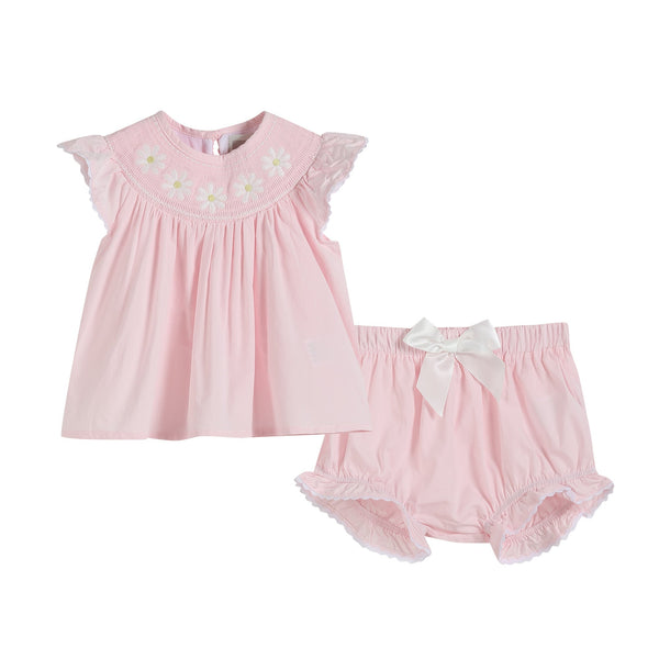 Light pink daisy smocked top and bloomer 2-piece set for babies, perfect for stylish and comfortable playtime.