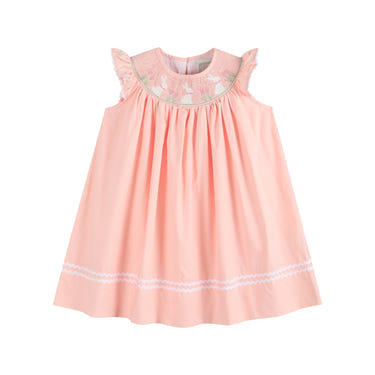 Light pink Easter bunny smocked bishop dress for baby girls, perfect for spring celebrations and special occasions.