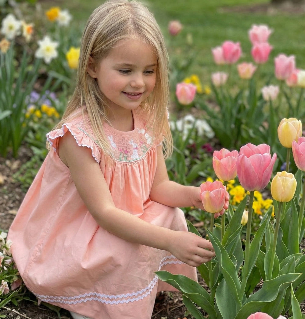 Light pink Easter bunny smocked bishop dress for baby girls, perfect for spring celebrations and special occasions.