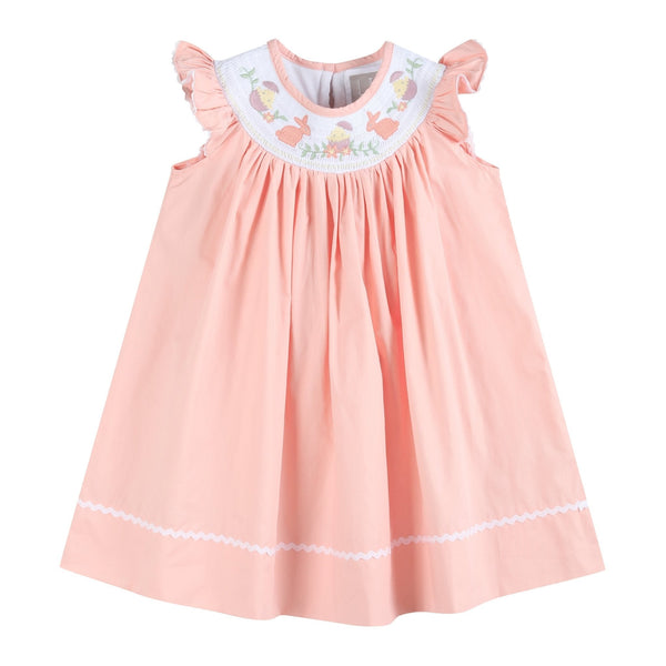 Light pink Easter smocked bishop dress for babies, perfect for spring celebrations and seasonal wear.