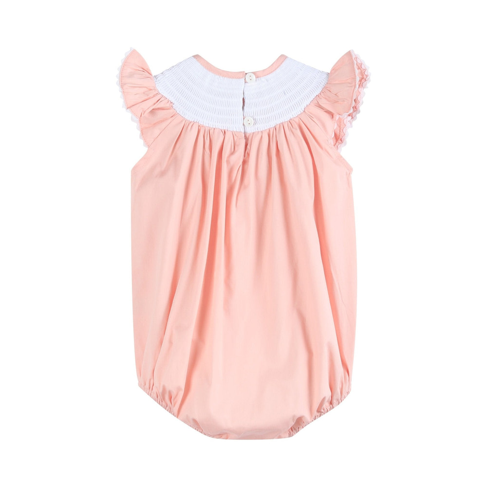 Light pink Easter smocked flutter romper for babies, perfect for spring celebrations and stylish outings.