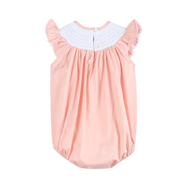 Light pink Easter smocked flutter romper for babies, shown from angle 2, perfect for spring celebrations.