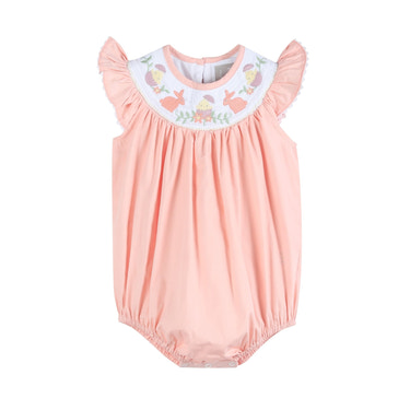 Light pink Easter smocked flutter romper for babies, perfect for spring celebrations and stylish outings.