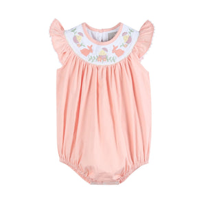 Light pink Easter smocked flutter romper for babies, perfect for spring celebrations and stylish outings.
