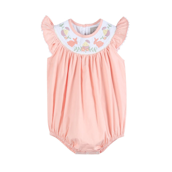 Light pink Easter smocked flutter romper for babies, perfect for spring celebrations and stylish outings.