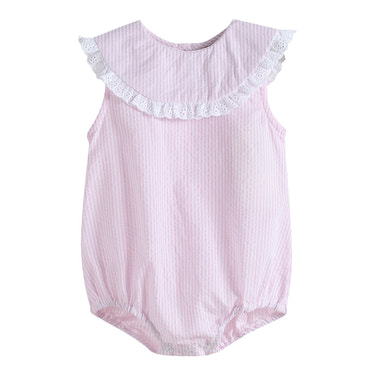 Light Pink Seersucker Collared Bubble Romper - MOOGCO Baby