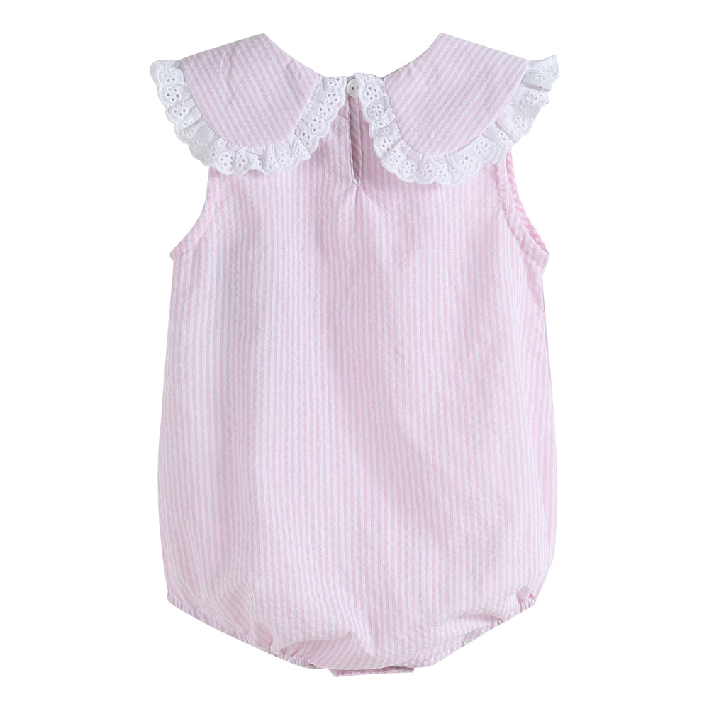 Light Pink Seersucker Collared Bubble Romper - MOOGCO Baby