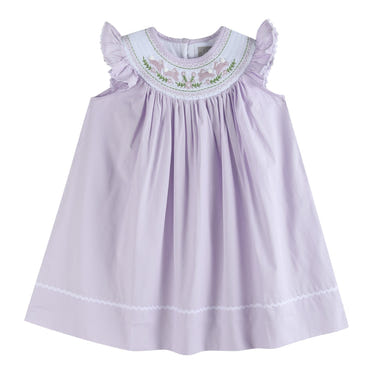 Light purple bunnies smocked bishop dress for babies, perfect for special occasions and everyday wear.