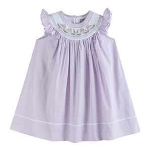 Light purple bunnies smocked bishop dress for babies, perfect for special occasions and everyday wear.