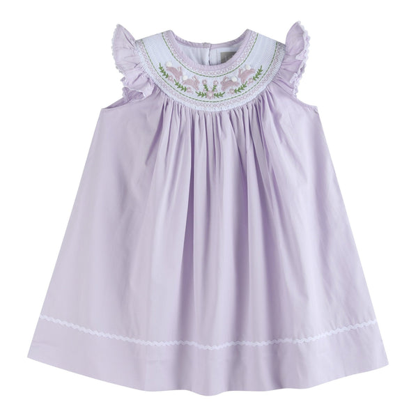 Light purple bunnies smocked bishop dress for babies, perfect for special occasions and everyday wear.
