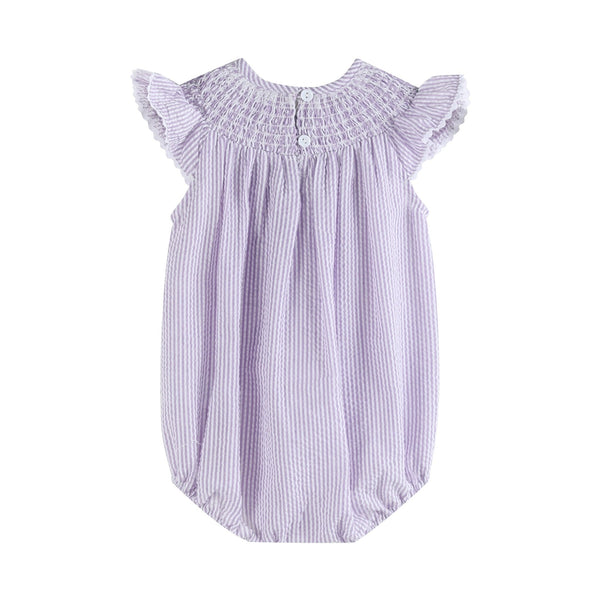 Light purple seersucker bunny smocked romper for babies, stylish and comfortable, angle view 4.