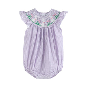 Light purple seersucker bunny smocked romper for babies, perfect for stylish and comfortable playtime.