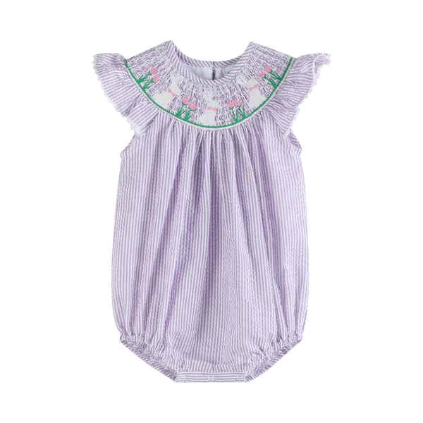 Light purple seersucker bunny smocked romper for babies, perfect for stylish and comfortable playtime.