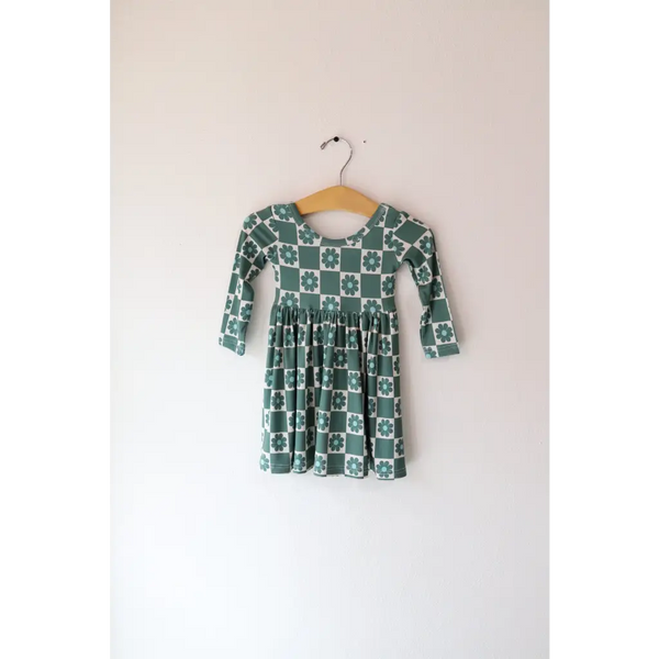 Lily Flower Check Long Sleeved Twirl Dress for Girls