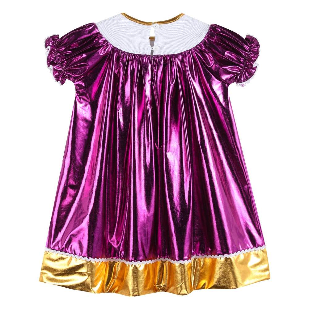 Limited Edition Louisiana Purple and Gold Star Bishop Dress for babies, featuring vibrant colors and elegant design.