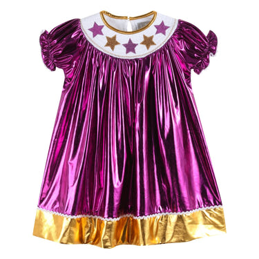 Limited Edition Louisiana Purple and Gold Star Bishop Dress for babies, featuring vibrant colors and elegant design.