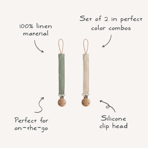 Mushie Linen Pacifier Clip 2-Pack linen clips faux wood clasp