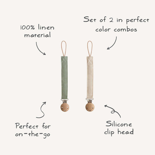 Mushie Linen Pacifier Clip 2-Pack linen clips faux wood clasp