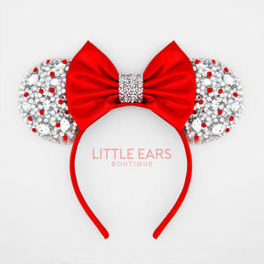 Silver and red bow sparkle Mickey ears for babies, perfect for classic Disney-themed outfits.