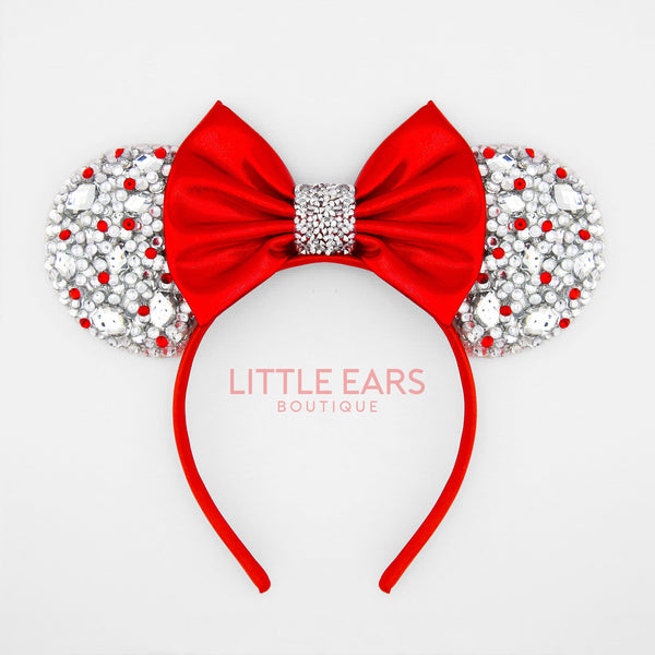 Silver & Red Bow Sparkle Mickey Ears