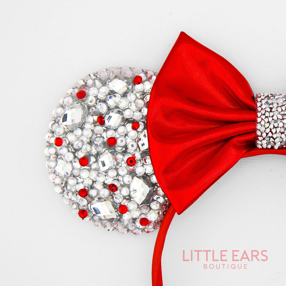 Silver and red bow sparkle Mickey ears for babies, perfect for classic Disney-themed outfits.