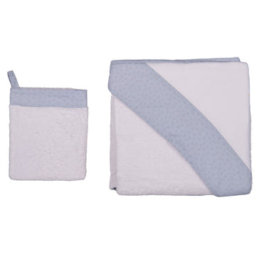 LITTLE STARS Boys White & Blue Hooded Baby Towel & Mitt Set - Soft, cozy, and perfect for bath time.