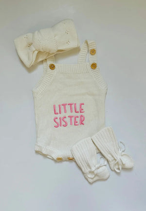Newborn Knit Romper Set – Hello World, LITTLE SISTER and LITTLE BROTHER Embroidered Baby Outfit with Hat & Booties or Headband | Soft Coming Home Outfit