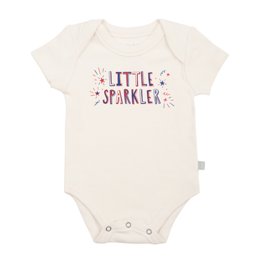 "Little Sparkler short sleeve graphic bodysuit for babies, featuring a fun and colorful design."