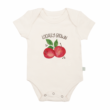 Graphic short sleeve bodysuit for babies, featuring locally grown materials and a playful design.