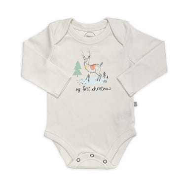 Long sleeve graphic bodysuit featuring a cute Christmas deer design for babies. Perfect holiday outfit!