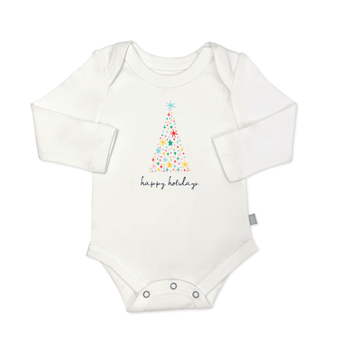 Long sleeve graphic bodysuit featuring a festive happy holidays tree design for babies.