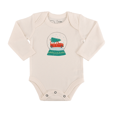 Long sleeve graphic bodysuit featuring a whimsical snow globe design for babies.