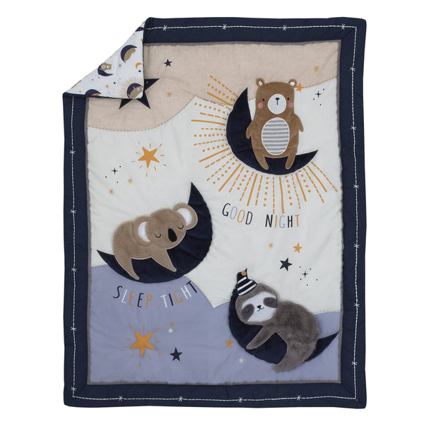 Goodnight Sleep Tight White and Blue Koala, Sloth, Bear, Star, and Moon 4 Piece Nursery Crib Bedding Set - Comforter, 100% Cotton Fitted Crib Sheet, Crib Skirt, and Storage