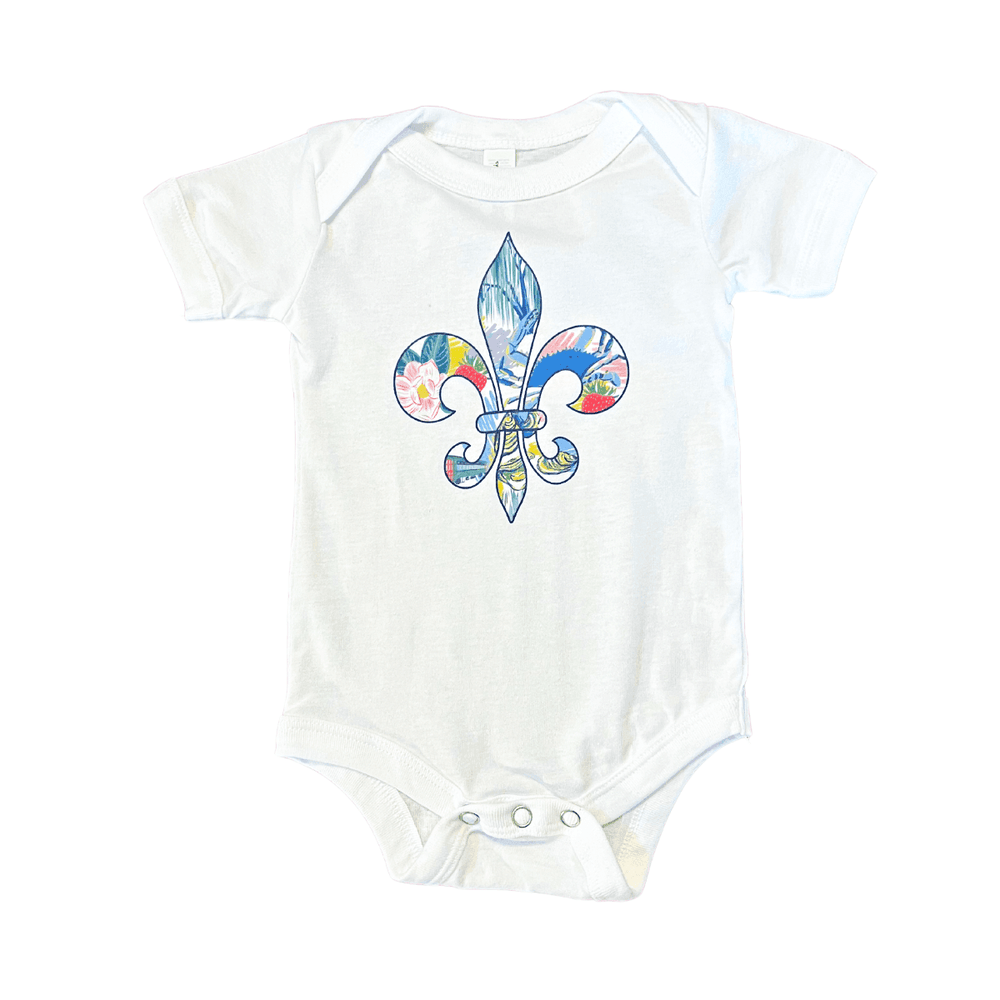 Louisiana Fleur de Lis short sleeve onesie for babies, featuring a stylish design and comfortable fit.