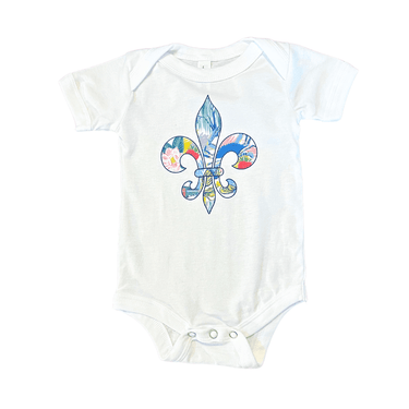Louisiana Fleur de Lis short sleeve onesie for babies, featuring a stylish design and comfortable fit.