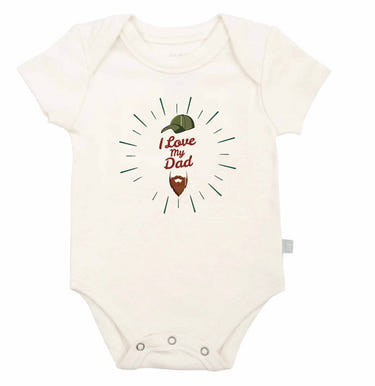 Graphic short sleeve bodysuit featuring "Love Dad" with a beard design for babies. Perfect for stylish little ones!