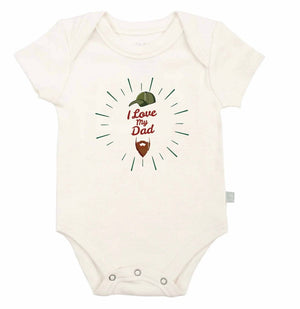 Graphic short sleeve bodysuit featuring "Love Dad" with a beard design for babies. Perfect for stylish little ones!