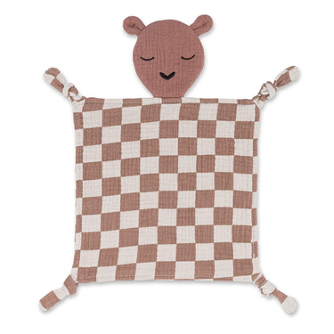 100% Muslin Lovey in Rosewood Checker pattern, perfect for comforting babies and toddlers.