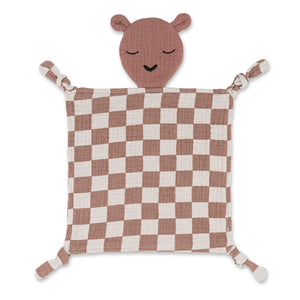 100% Muslin Lovey in Rosewood Checker pattern, perfect for comforting babies and toddlers.