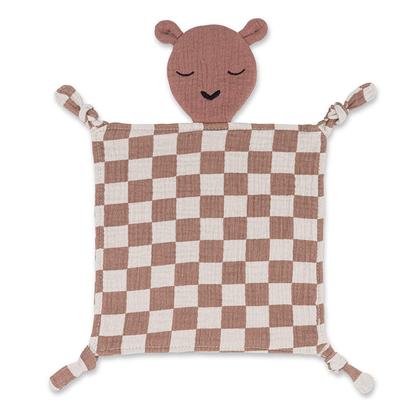100% Muslin Lovey in Rosewood Checker pattern, perfect for comforting babies and toddlers.