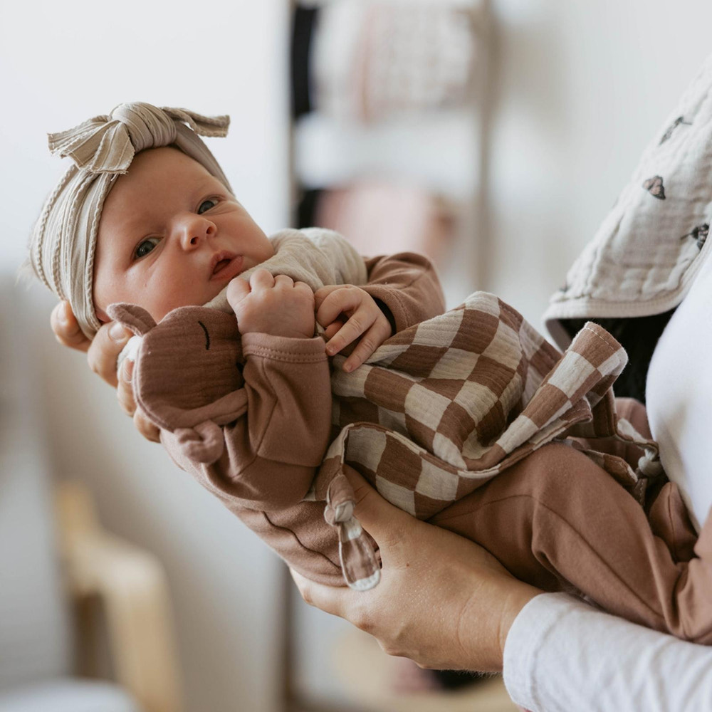 100% Muslin Lovey in Rosewood Checker pattern, perfect for comforting babies and toddlers.