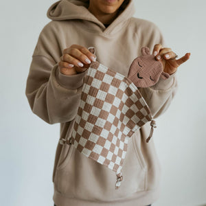100% Muslin Lovey in Rosewood Checker pattern, perfect for soothing and cuddling babies.
