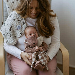 100% Muslin Lovey in Rosewood Checker pattern, perfect for comforting babies. Angle 6 view.