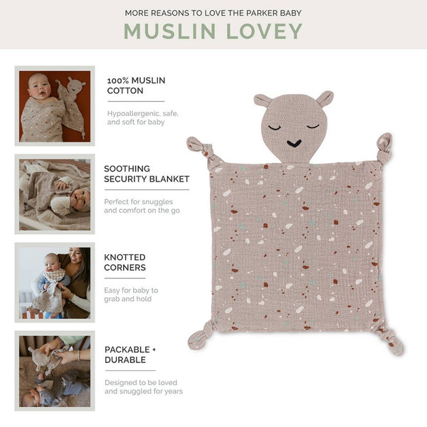 100% muslin alpaca lovey for babies, soft and cuddly, perfect for comfort and security. Angle 3 view.