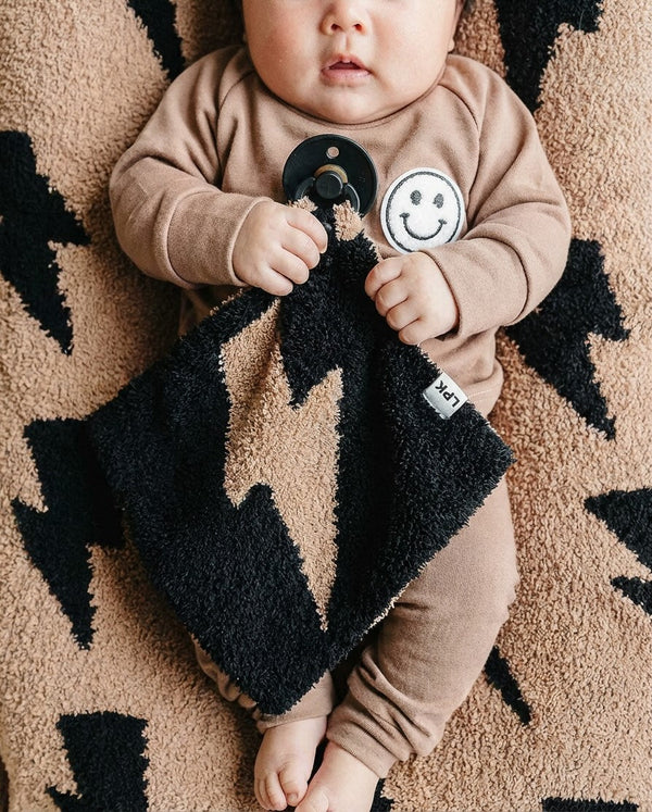 Mocha Lightning Bolt Plush Lovey for babies, soft and cuddly, perfect for comfort and playtime.