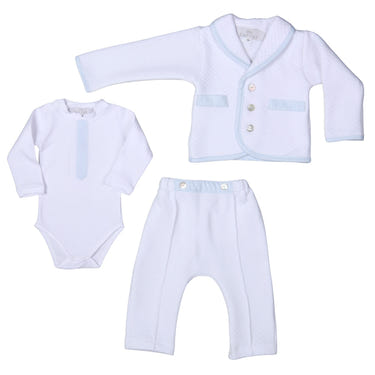 LUCAS boys white and blue cotton gingham pants suit for babies and toddlers, stylish and comfortable outfit.