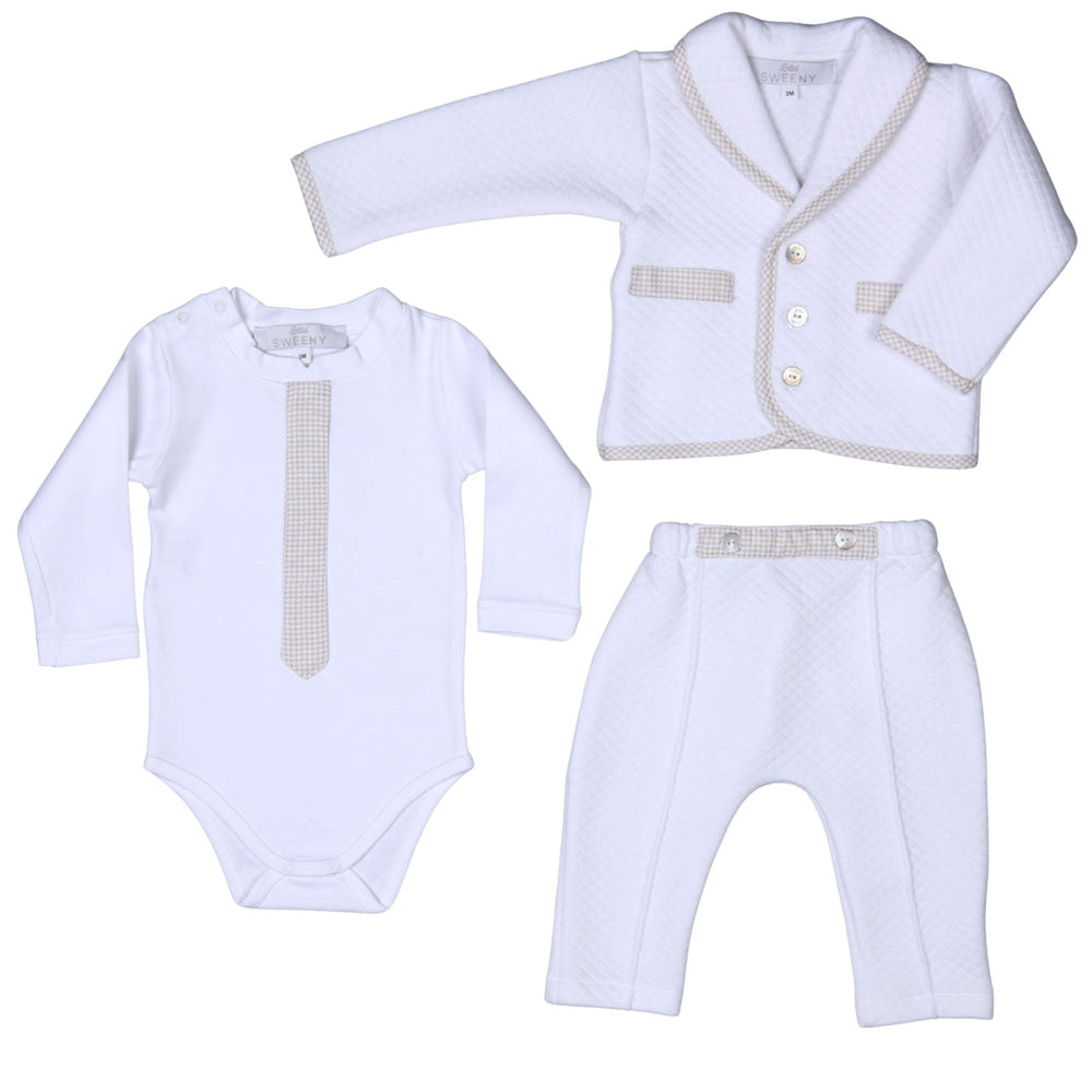 Boys' white and beige cotton gingham pants suit for babies and toddlers by LUCAS. Perfect for stylish occasions.